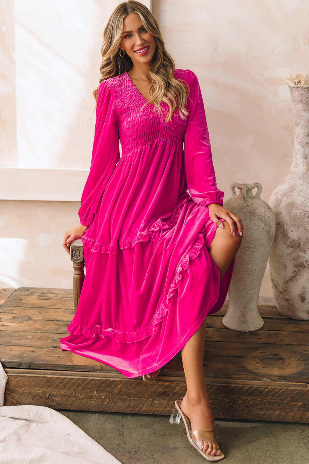 Maya Shirred V Neck Long Sleeve Velvet Dress - Threaded Pear