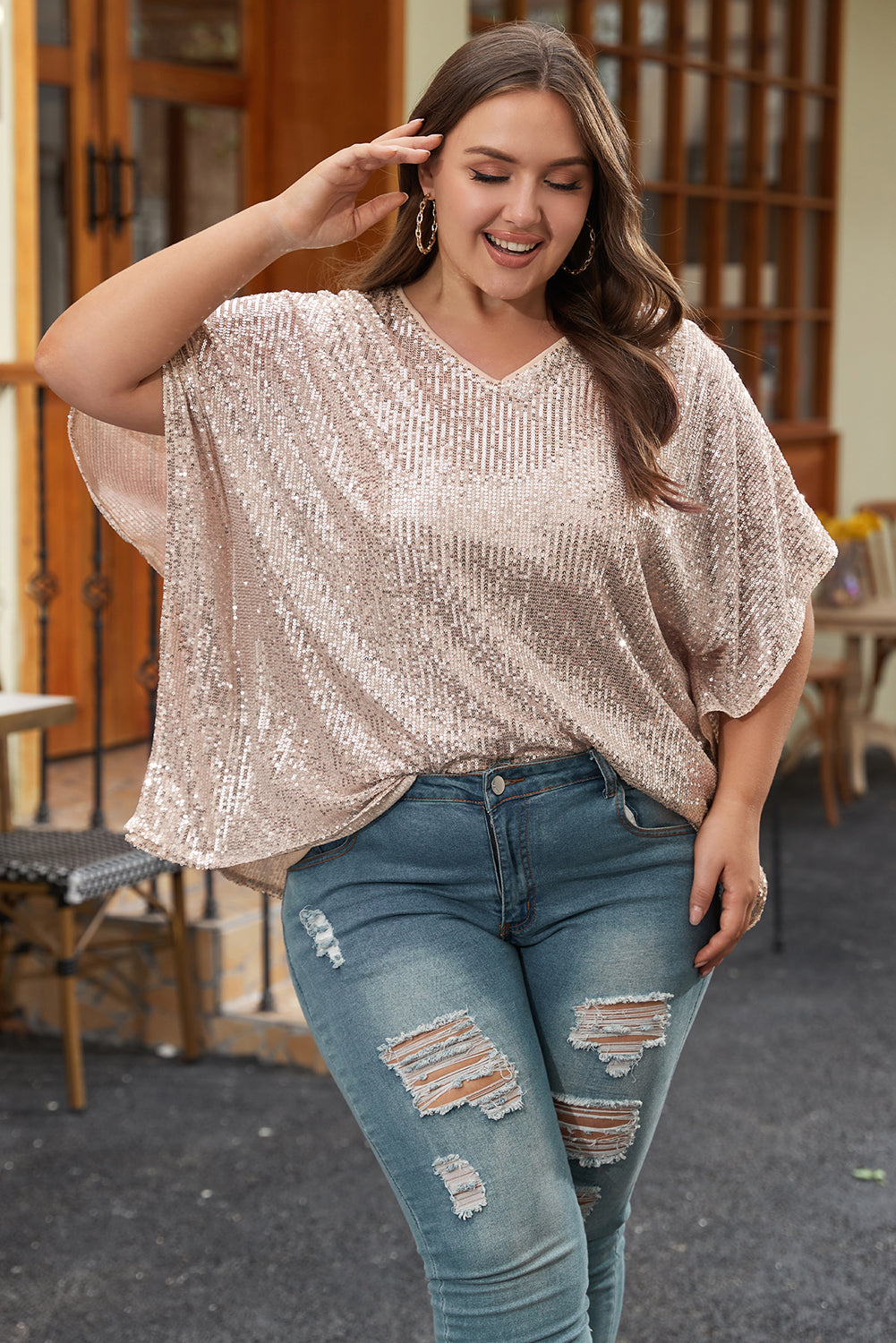 Plus Size Sequined V Neck Boxy Top