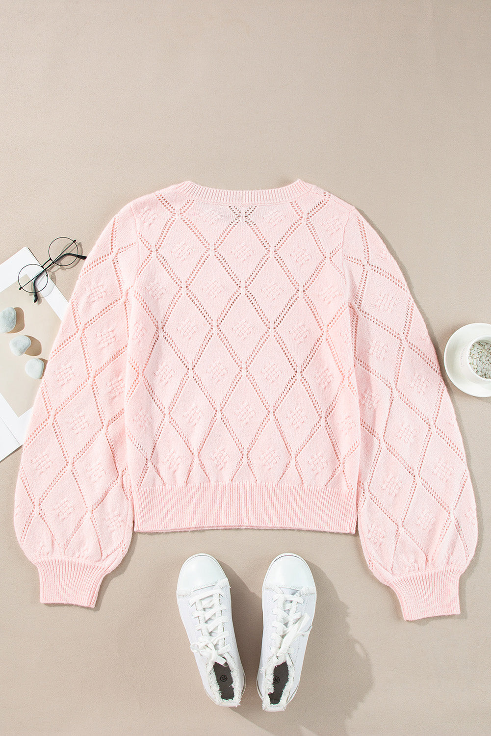 Molly Openwork Plaid Puff Sleeve Cropped Sweater