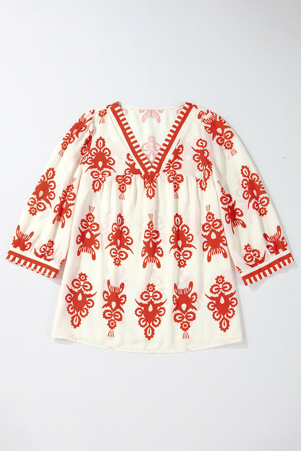 Vintage Geometric Printed V Neck Blouse