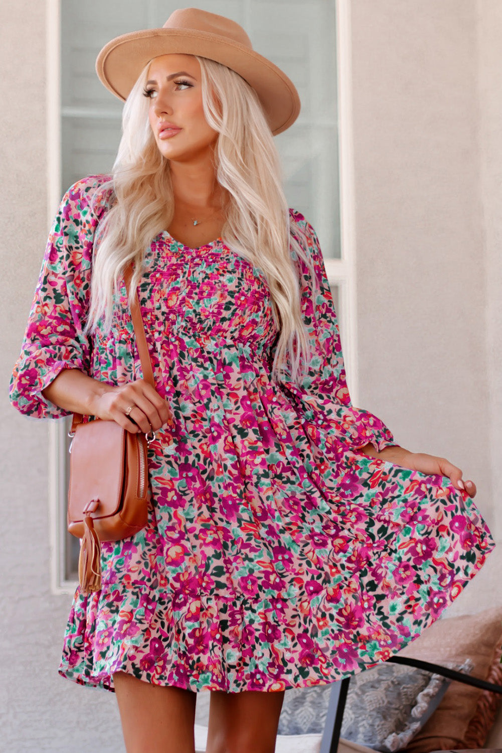 Mikaela Smocked V Neck Puffy Sleeve Floral Dress - Threaded Pear