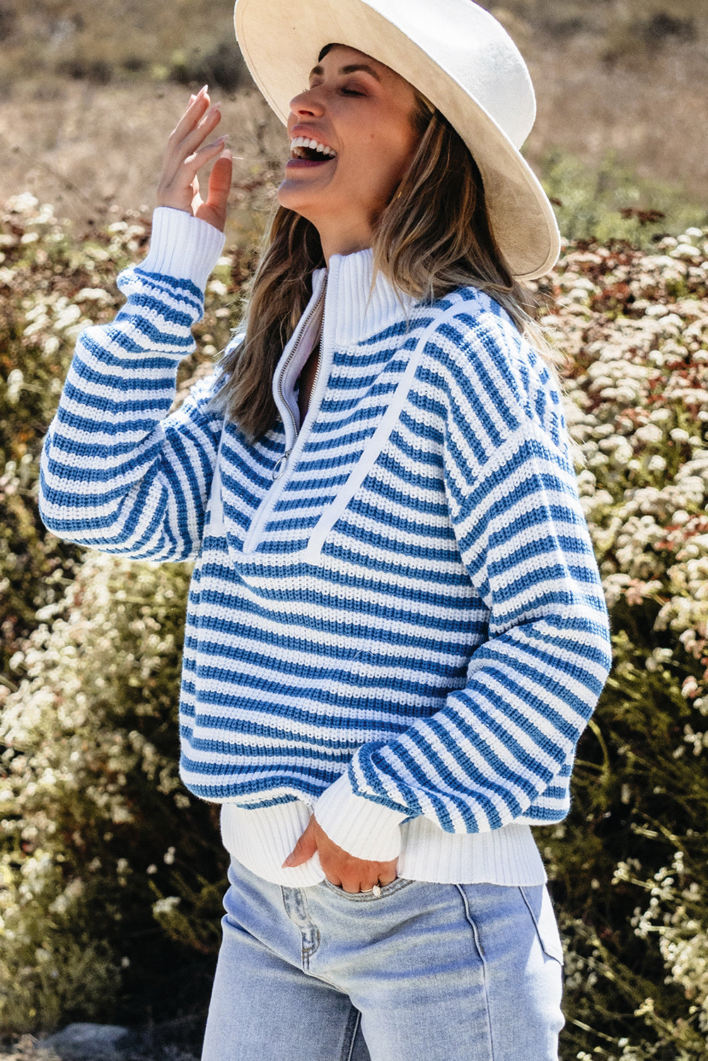 Stripe Zip Up Collar Sweater