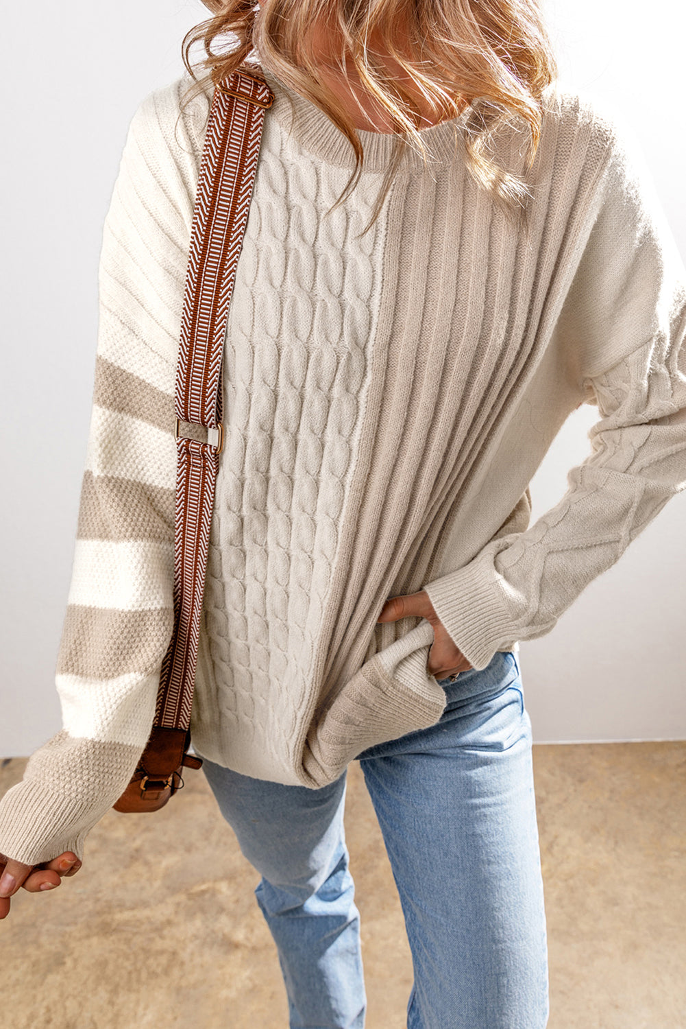 Cable Knit Color Block Crew Neck Sweater