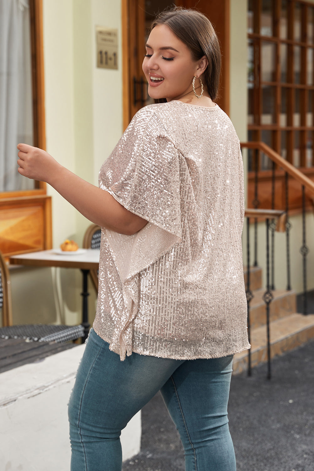 Plus Size Sequined V Neck Boxy Top