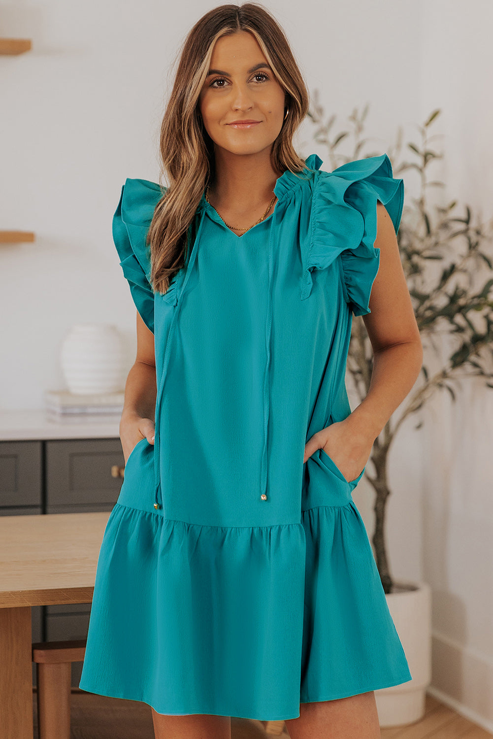 Azalea Tiered Ruffled Sleeves Mini Dress with Pockets - Threaded Pear