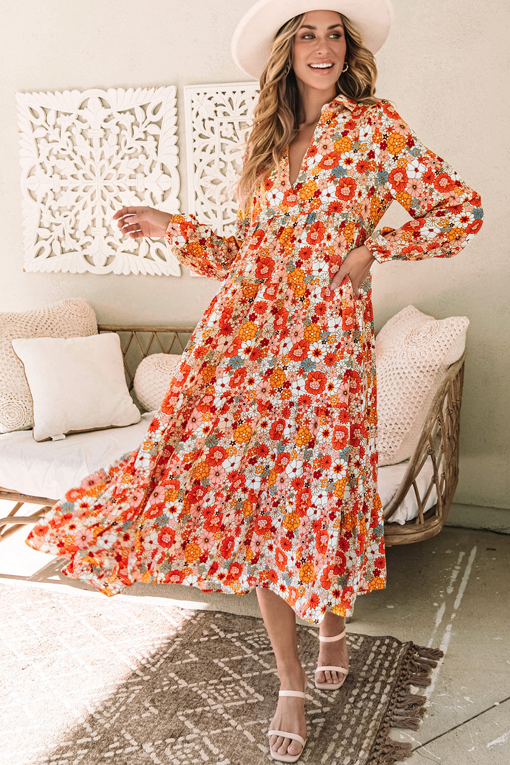 Floral Collared Long Sleeve Ruffled Dress