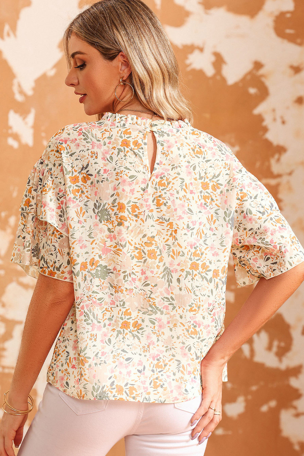 Karsyn Floral Print Wide Ruffle Sleeves Blouse - Threaded Pear