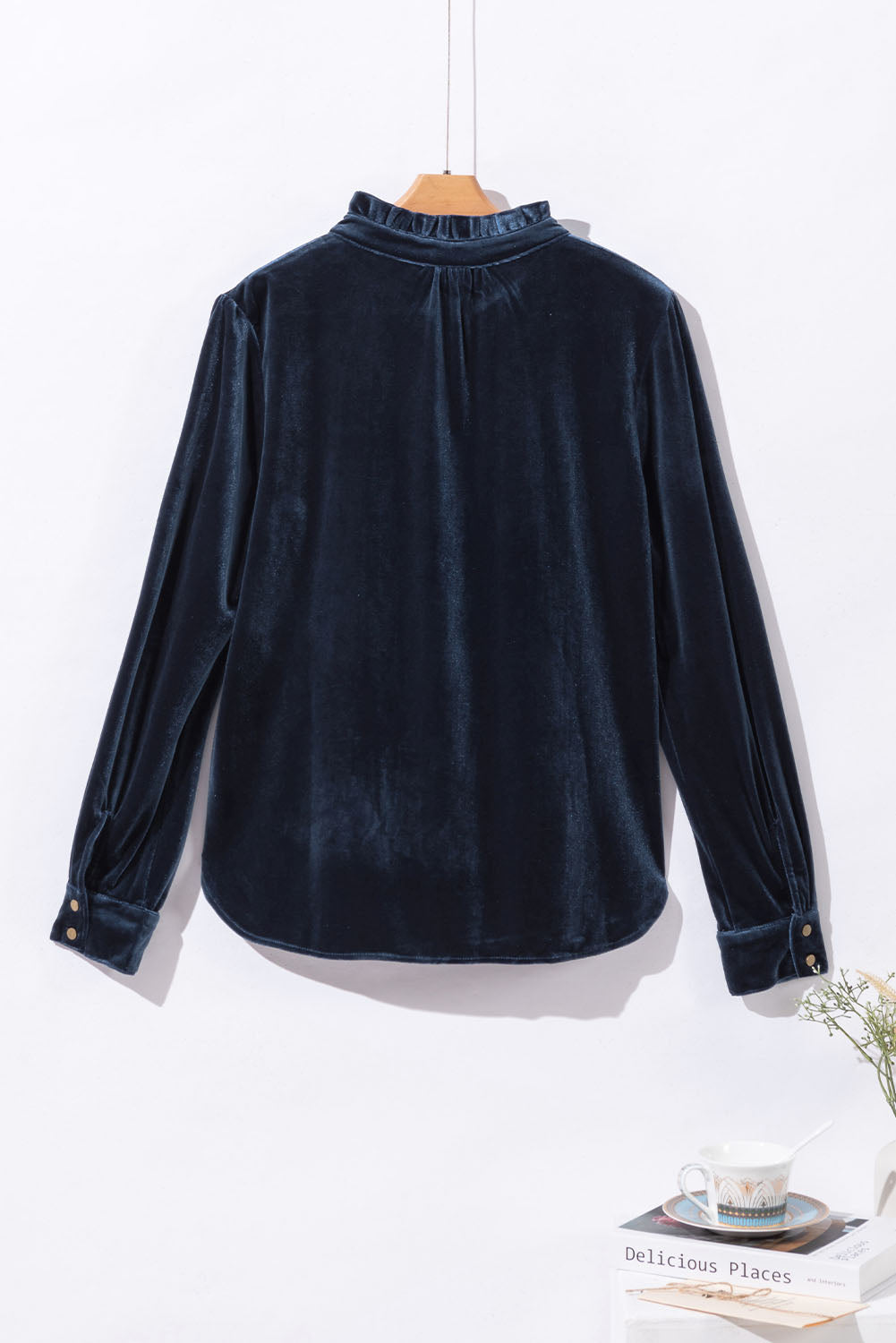 Gwynn Frilled Neck Buttoned Front Velvet Top