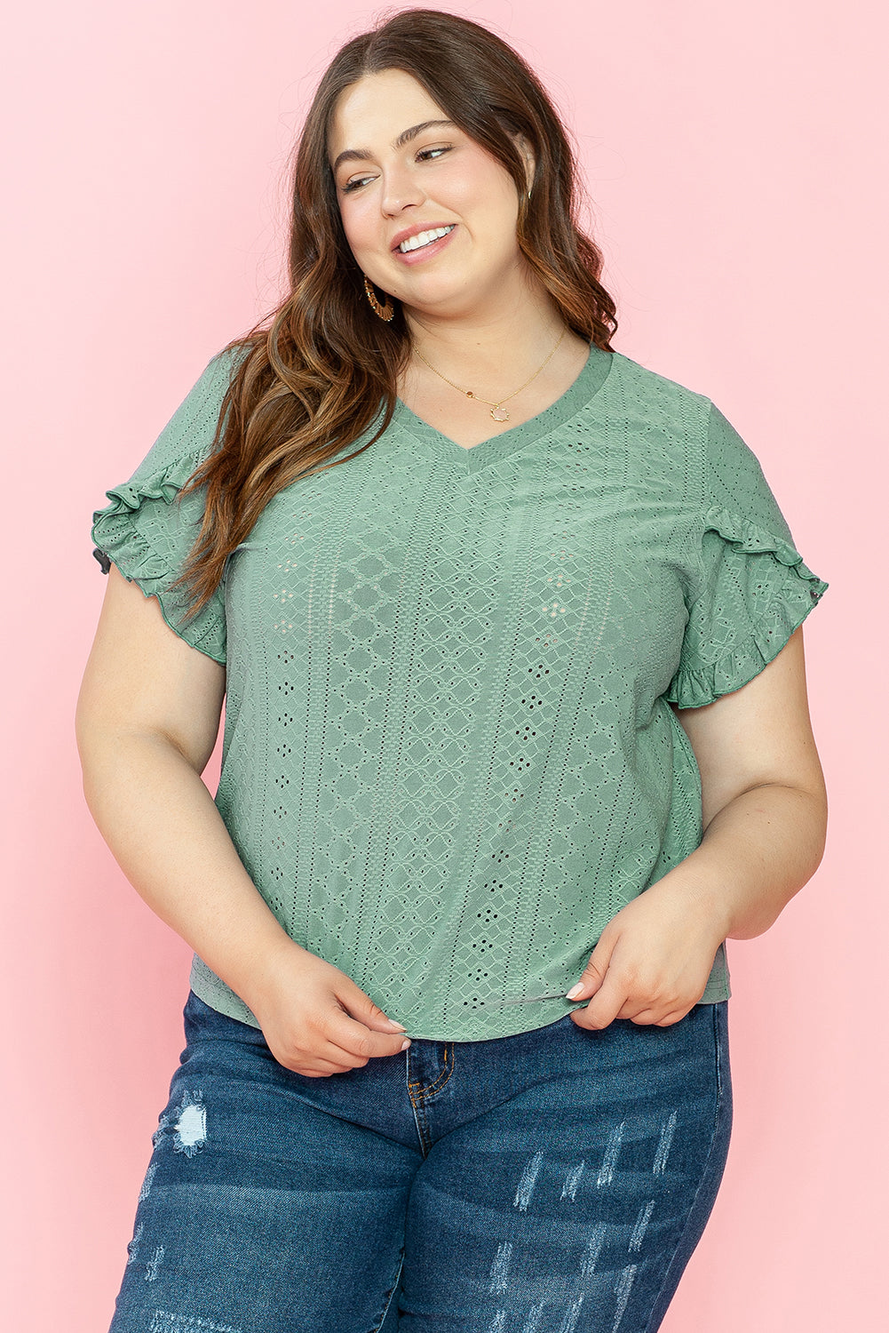 Lakelynn Petal Sleeve Jacquard V Neck Curvy Blouse - Threaded Pear