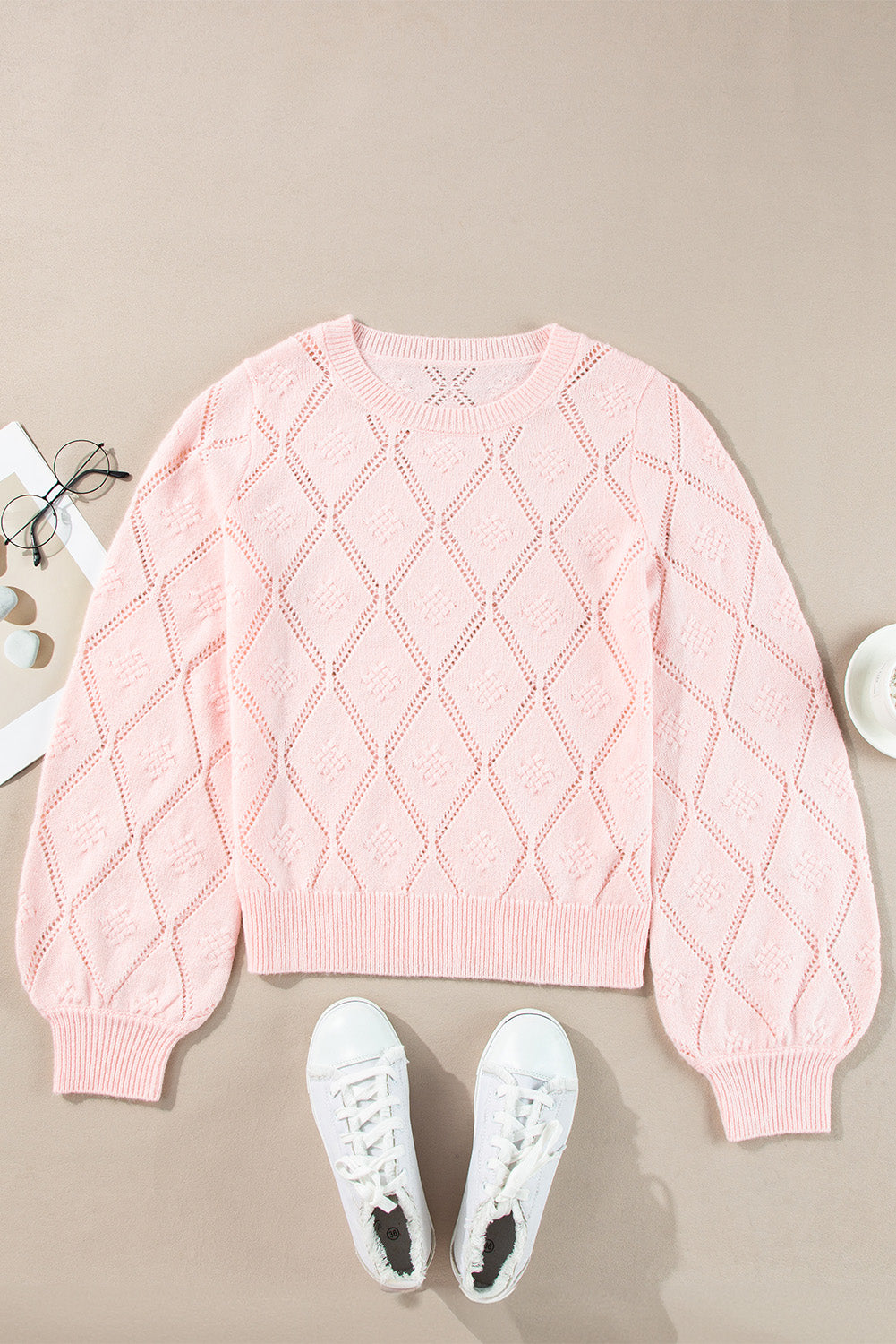 Molly Openwork Plaid Puff Sleeve Cropped Sweater