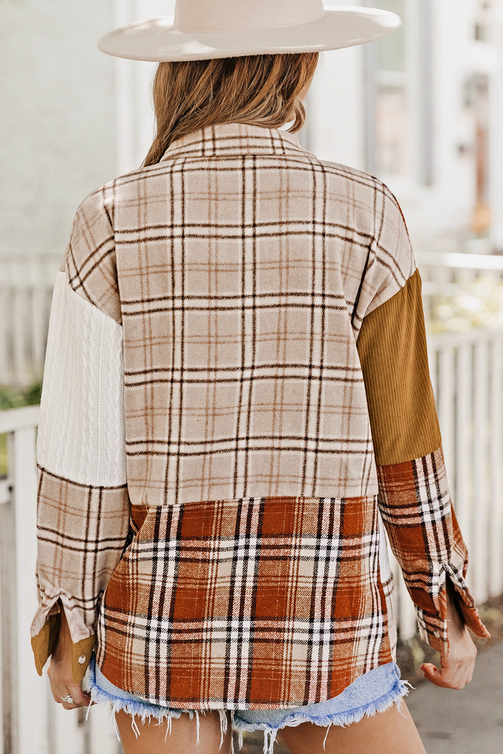 Sutton Plaid Color Block Patchwork Shirt Jacket with Pocket - Threaded Pear