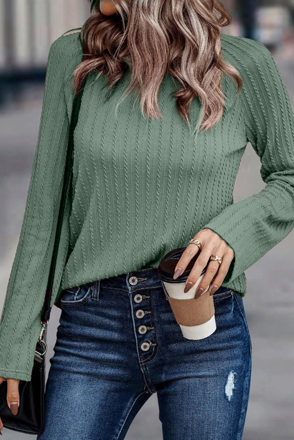 Sawyer Ribbed Round Neck Knit Long Sleeve Top - Threaded Pear