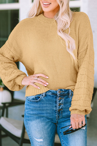 Jayla Hollowed Bubble Sleeve Knit Sweater - Threaded Pear