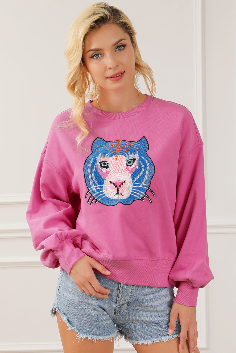 Regina Chic Tiger Embroidered Casual Sweatshirt - Threaded Pear