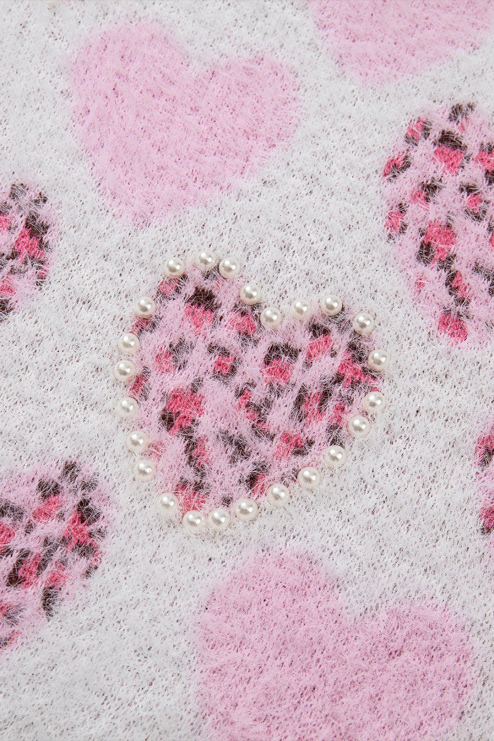 Heart Leopard Pearled Fuzzy Sweater