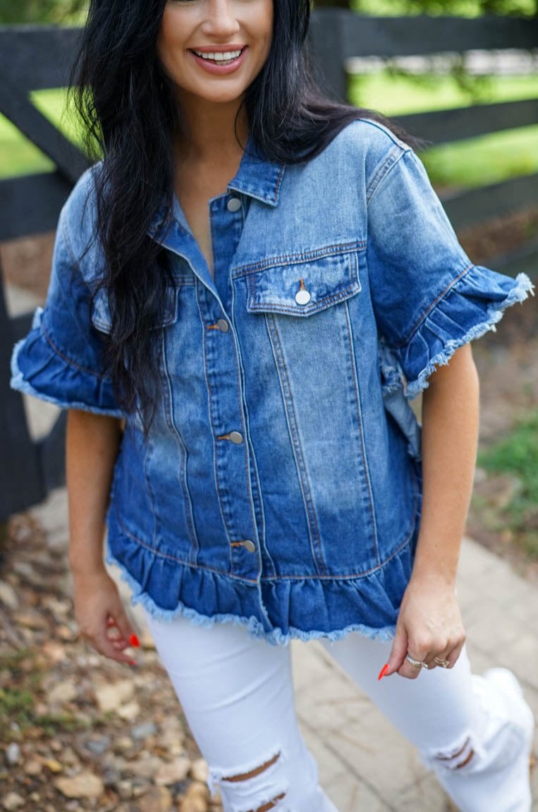 Ruffled Short Sleeve Denim Jacket