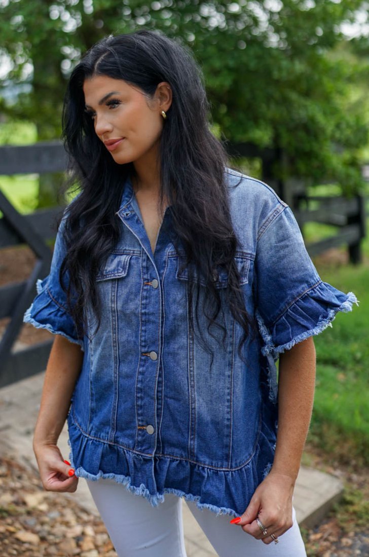 Ruffled Short Sleeve Denim Jacket