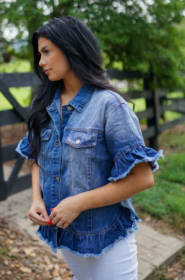 Ruffled Short Sleeve Denim Jacket